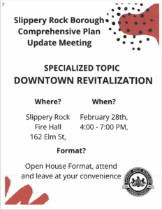 Flyer for the SR Borough Comprehensive Plan Update Meeting with specialized topic, Downtown Revitalization